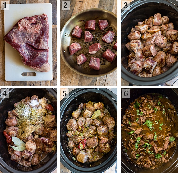 Collage of six process photos showing how to make beef barbacoa in the slow cooker.