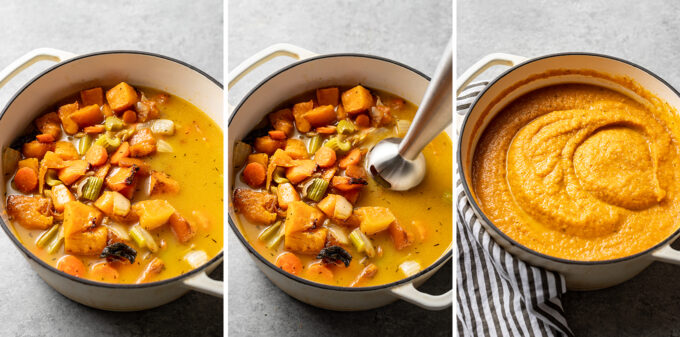 Step by step photos of roasted squash and other veggies being blitzed with an immersion blender into a creamy soup.