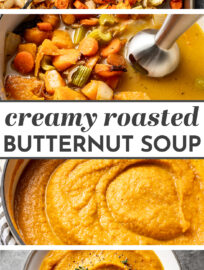 The best easy recipe for a healthy, creamy, and delicious roasted butternut squash soup! This is amazing comfort food for fall, with amazing flavor and tons of veggies. It's easy to make vegan, as well. #butternut #fallrecipes #souprecipes