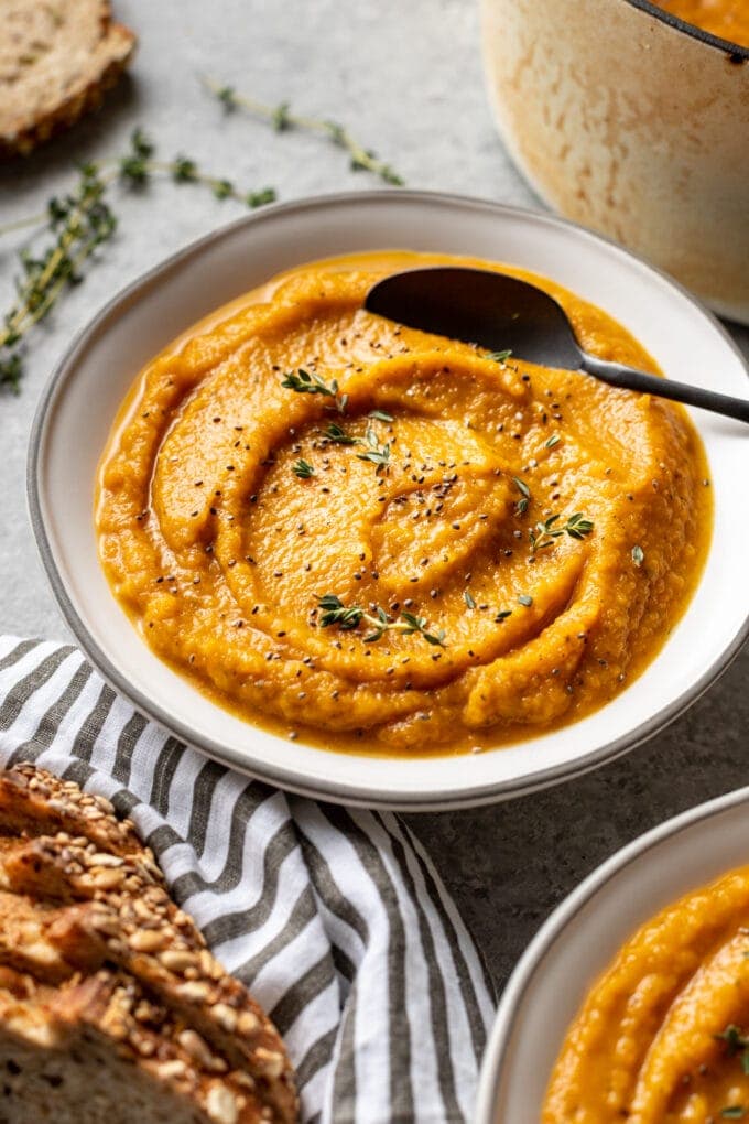 A bowl of roasted butternut squash soup.