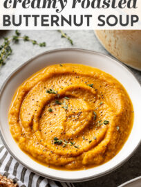 The best easy recipe for a healthy, creamy, and delicious roasted butternut squash soup! This is amazing comfort food for fall, with amazing flavor and tons of veggies. It's easy to make vegan, as well. #butternut #fallrecipes #souprecipes