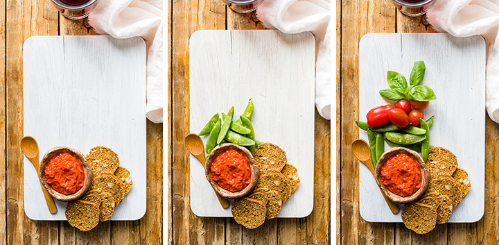 Step by step photos showing how to assemble a cheeseboard, starting with one item and working out from the center.