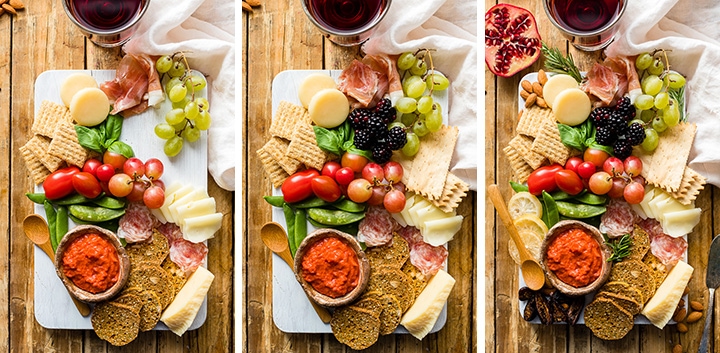 Final series of step by step photos showing how to make a cheese board and fill in small gaps with berries, small bites, and fresh herbs for garnish.