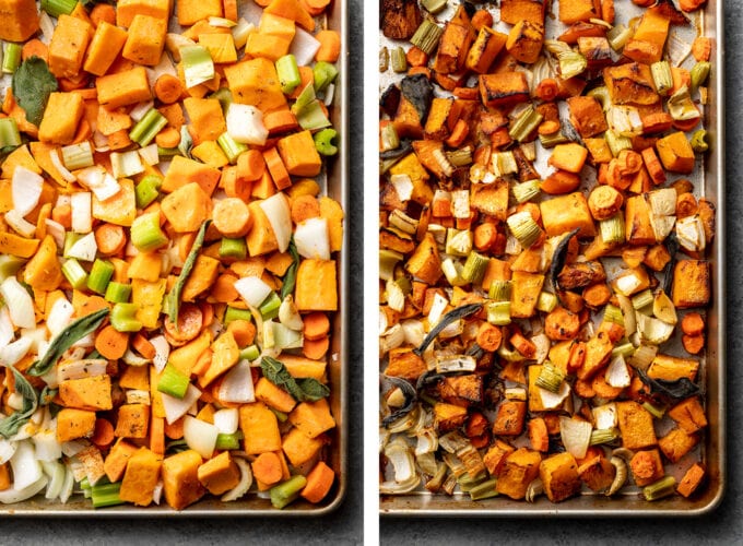 A sheet pan of butternut squash and other veggies, before and after roasting.