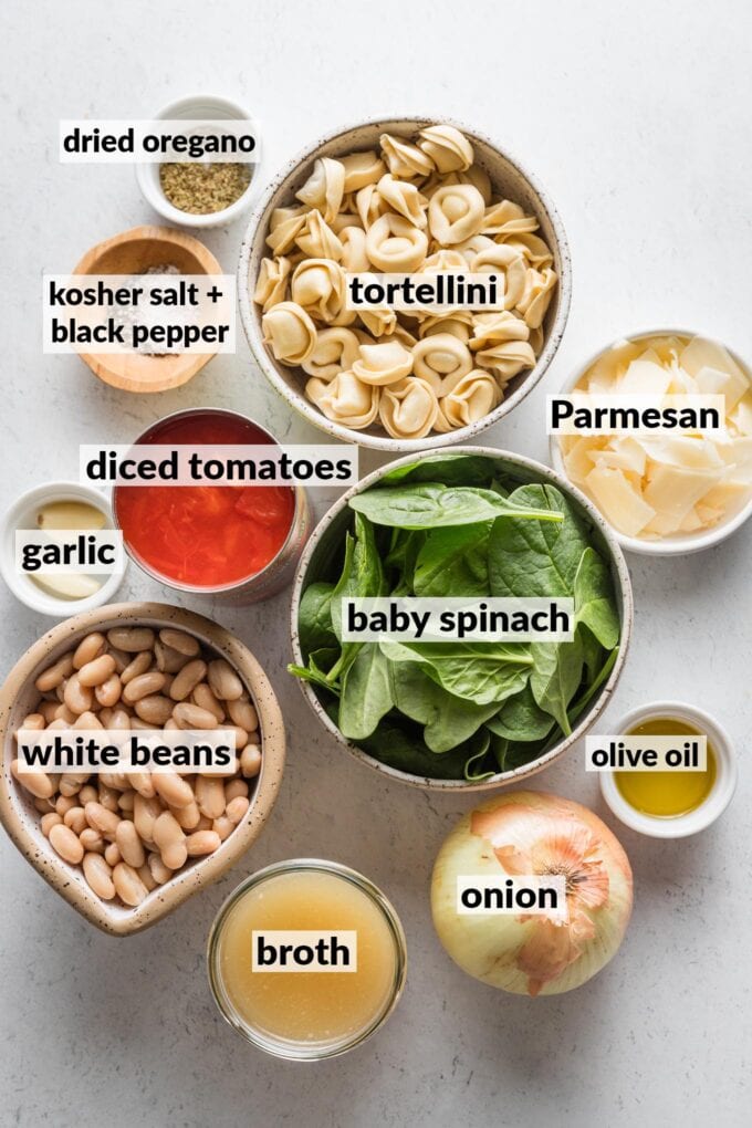 Labeled overhead photo of fresh tortellini, diced tomatoes with juices in a can, drained and rinsed white beans, baby spinach, chicken broth, dried oregano, garlic cloves, and Parmesan cheese, all in prep bowls and ready to make into soup.