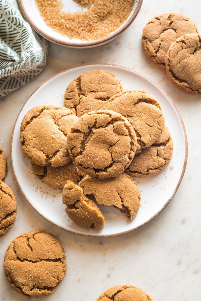 Small plate piled high with chewy ginger molasses cookies.