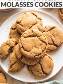 Soft, tender, chewy ginger molasses cookies have crackly, sparkling tops and perfectly-spiced flavor. They will make your house smell amazing and take just 30 minutes, start to finish. These are a holiday favorite, but my family requests them year-round!