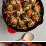 Meet the ultimate comfort food - mozzarella-STUFFED chicken Parmesan meatballs! Surprisingly easy to make and so delicious for a cozy meal with marinara sauce, more cheese, and pasta! #chickenparm #comfortfood