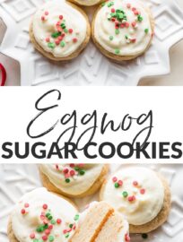 Soft eggnog sugar cookies spiced with nutmeg and cinnamon and swept with a lovely, easy to make frosting. Incredibly, irresistibly soft!