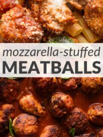 This recipe for mozzarella-stuffed chicken meatballs yields the ultimate cozy supper. The meatballs are tender, beautifully seasoned with Parmesan and Italian herbs, and surprisingly easy to make. The fact that each one hides a little pocket of molten mozzarella cheese is just the cherry on top! Serve with salad and pasta or veggies.