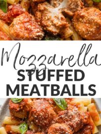 This recipe for mozzarella-stuffed chicken meatballs yields the ultimate cozy supper. The meatballs are tender, beautifully seasoned with Parmesan and Italian herbs, and surprisingly easy to make. The fact that each one hides a little pocket of molten mozzarella cheese is just the cherry on top! Serve with salad and pasta or veggies.
