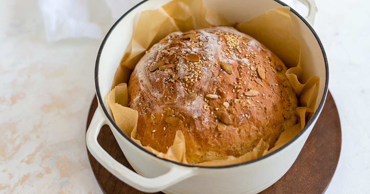 No-Knead 4 Seed Dutch Oven Bread - Nourish and Fete