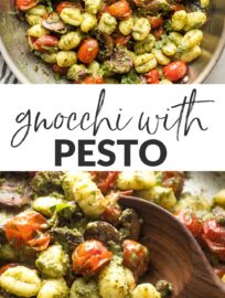 Tender gnocchi pair perfectly with basil pesto and oven-charred cherry tomatoes for an amazing meal ready to eat in 25 minutes!