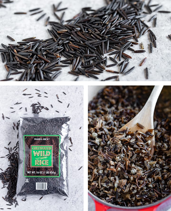 Composite image showing raw grains of wild rice, wild rice in a bag, and wild rice that has been cooked.