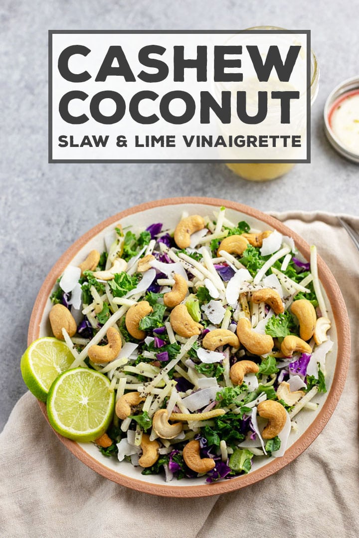 This cashew coconut slaw with a tangy cilantro-lime vinaigrette is fancy and fast! Proof that quick, easy sides can also be exciting. It has a great crunch and goes perfectly with chili, grilled chicken, or fish! #slaw #sidedish #salad #veggiesmadeeasy #ad