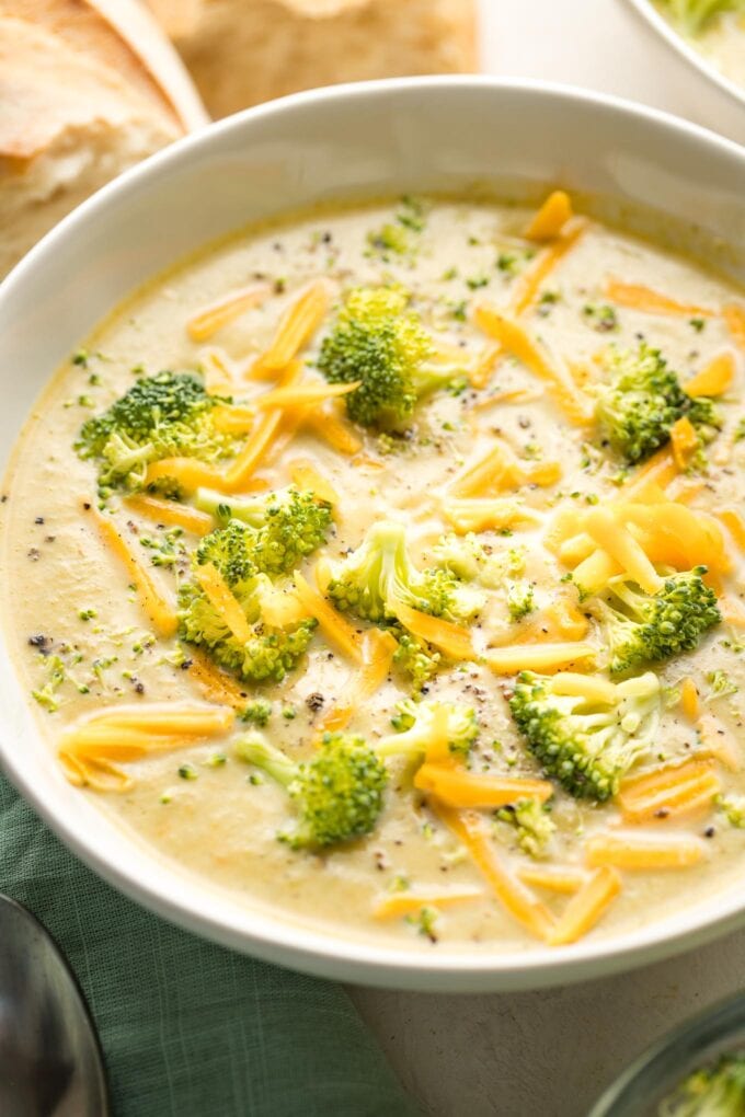 Close-up of Instant Pot broccoli cheddar soup.