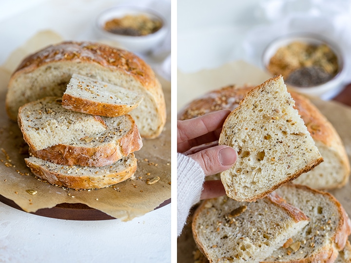 Stacked slices of four seed bread.