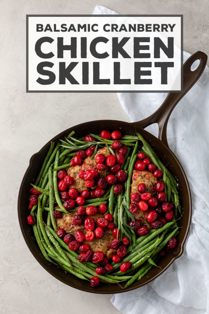 Extra cranberries?? Use them to make this simple, flavorful cranberry chicken! It's cooked in one skillet with a punch of balsamic vinegar and brown sugar, with green beans to round it out. Easy skillet dinners never tasted so good!