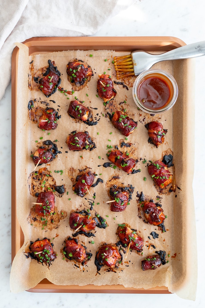 A tray of chicken bacon BBQ bites, just baked.