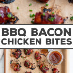 The most epic appetizer!! BBQ-GLAZED CHICKEN BACON BITES, easy to make with just 3 ingredients, and absolutely packed with flavor. Perfect game day recipe, appetizer for a BBQ, or easy party food. Enjoy! #gameday #snacks #appetizers #bacon #bbq