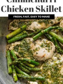 A vibrant Chimichurri Chicken and Asparagus Skillet is easy to make, fresh, and flavor-packed. Serve with more veggies, rice, or rolls for an easy weeknight meal that changes up the chicken dinner routine.