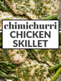 A vibrant Chimichurri Chicken and Asparagus Skillet is easy to make, fresh, and flavor-packed. Serve with more veggies, rice, or rolls for an easy weeknight meal that changes up the chicken dinner routine.