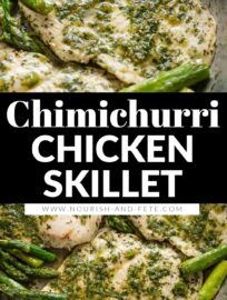 A vibrant Chimichurri Chicken and Asparagus Skillet is easy to make, fresh, and flavor-packed. Serve with more veggies, rice, or rolls for an easy weeknight meal that changes up the chicken dinner routine.