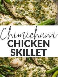 A vibrant Chimichurri Chicken and Asparagus Skillet is easy to make, fresh, and flavor-packed. Serve with more veggies, rice, or rolls for an easy weeknight meal that changes up the chicken dinner routine.