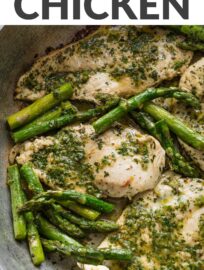A vibrant Chimichurri Chicken and Asparagus Skillet is easy to make, fresh, and flavor-packed. Serve with more veggies, rice, or rolls for an easy weeknight meal that changes up the chicken dinner routine.