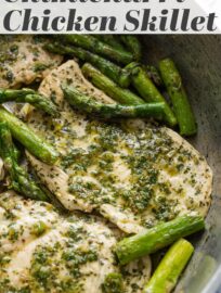 A vibrant Chimichurri Chicken and Asparagus Skillet is easy to make, fresh, and flavor-packed. Serve with more veggies, rice, or rolls for an easy weeknight meal that changes up the chicken dinner routine.