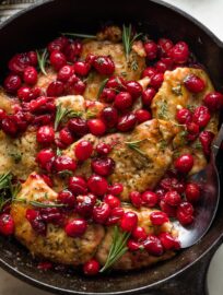 Close up of a balsamic cranberry chicken skillet.