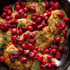 Close up of a balsamic cranberry chicken skillet.