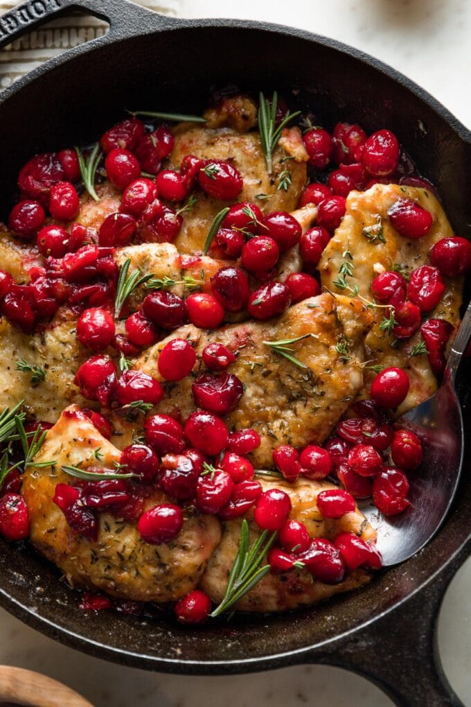 Close up of a balsamic cranberry chicken skillet.