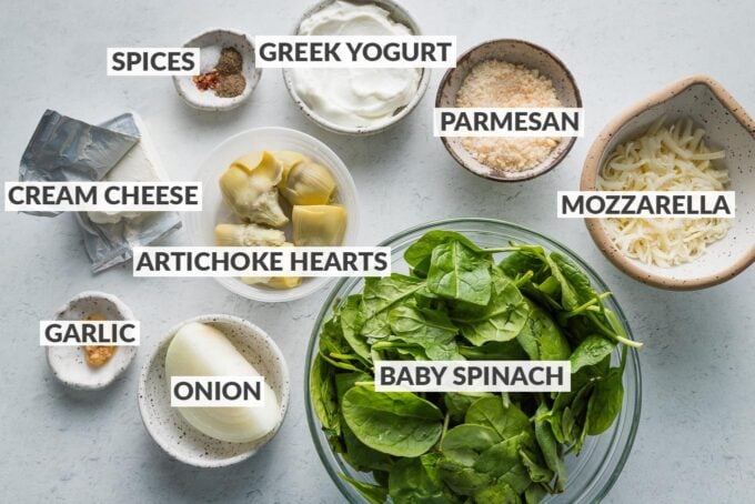Labeled photo of the ingredients for spinach artichoke dip.