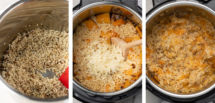 Three photos showing how to cook risotto with butternut squash in the Instant Pot, so that the butternut breaks down and becomes creamy.
