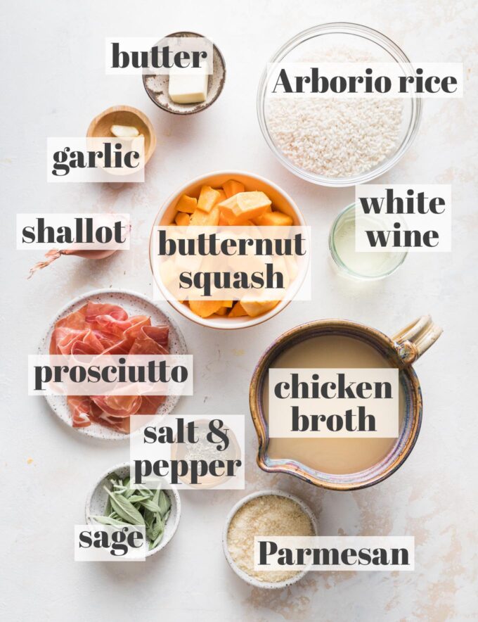 Labeled overhead photo of Arborio rice, cubed butternut squash, chicken broth, white wine, Parmesan cheese, butter, garlic, a shallot, prosciutto, sage, salt, and pepper in prep bowls and ready to cook.