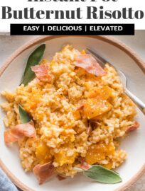 This Instant Pot risotto with butternut squash is creamy, flavorful, and easy to cook entirely in your Instant Pot or other pressure cooker. We love the cubes of sweet butternut squash, fragrant sage, tangy Parmesan, and crisped prosciutto on top for an elegant but easy finishing touch.