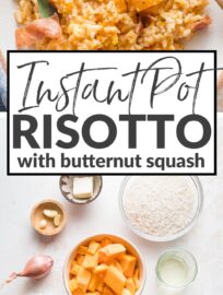 This Instant Pot risotto with butternut squash is creamy, flavorful, and easy to cook entirely in your Instant Pot or other pressure cooker. We love the cubes of sweet butternut squash, fragrant sage, tangy Parmesan, and crisped prosciutto on top for an elegant but easy finishing touch.
