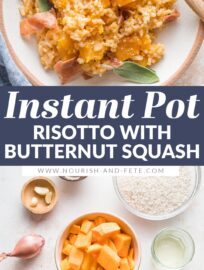 This Instant Pot risotto with butternut squash is creamy, flavorful, and easy to cook entirely in your Instant Pot or other pressure cooker. We love the cubes of sweet butternut squash, fragrant sage, tangy Parmesan, and crisped prosciutto on top for an elegant but easy finishing touch.