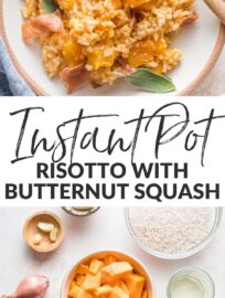 This Instant Pot risotto with butternut squash is creamy, flavorful, and easy to cook entirely in your Instant Pot or other pressure cooker. We love the cubes of sweet butternut squash, fragrant sage, tangy Parmesan, and crisped prosciutto on top for an elegant but easy finishing touch.