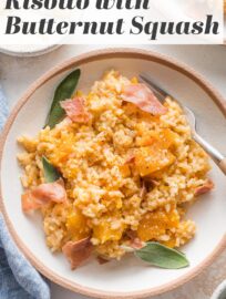 This Instant Pot risotto with butternut squash is creamy, flavorful, and easy to cook entirely in your Instant Pot or other pressure cooker. We love the cubes of sweet butternut squash, fragrant sage, tangy Parmesan, and crisped prosciutto on top for an elegant but easy finishing touch.