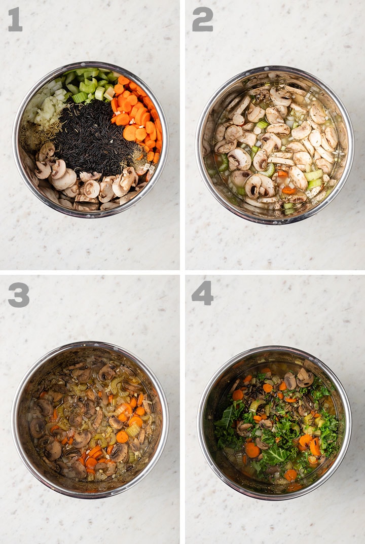 Step by step photos showing the process of making Instant Pot wild rice soup.