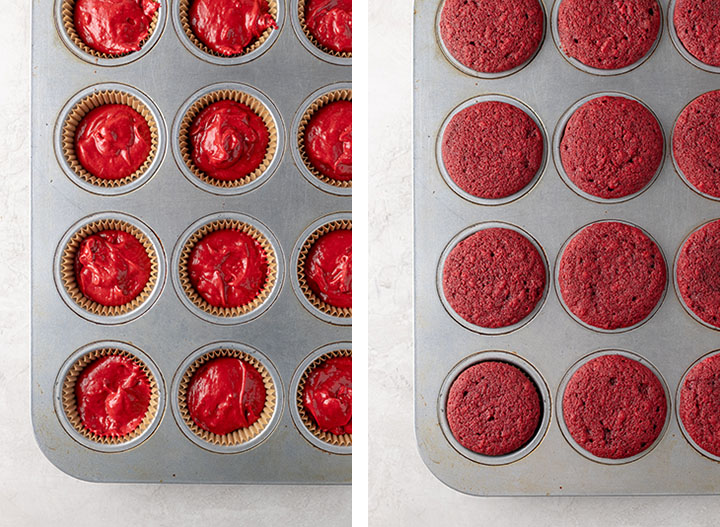 Red velvet cupcakes in a muffin tin, before and after baking.