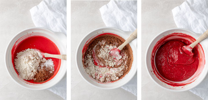 Three pictures showing the step-by-step process of mixing red velvet cake batter in one bowl.