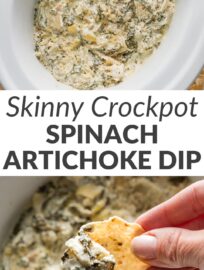 Cheesy, creamy spinach artichoke dip is ultra easy to make and serve from the slow cooker—and easy to lighten up with Greek yogurt in place of the traditional mayo and sour cream. This will be a huge hit for game day snacking or any party!