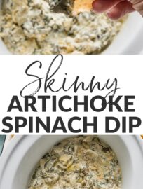 Cheesy, creamy spinach artichoke dip is ultra easy to make and serve from the slow cooker—and easy to lighten up with Greek yogurt in place of the traditional mayo and sour cream. This will be a huge hit for game day snacking or any party!