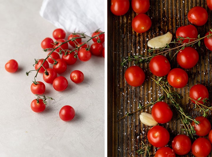 Close-up of cherry tomatoes on the vine, plain and on a baking sheet with thyme, garlic, and olive oil.