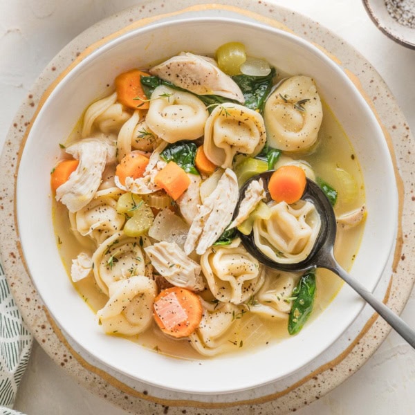 Bowl full of chicken tortellini soup with carrots, celery, parsley, and Italian herbs.