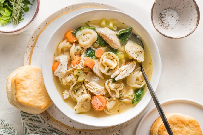 Chicken tortellini soup, ready to serve.