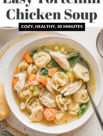 This easy yet comforting Chicken Tortellini Soup will fill your belly and soul! We love the flavorful broth, tender shredded chicken, pillowy cheese tortellini, and plenty of garlic and Italian herbs. Best of all, it takes just 30 minutes and one pot to make.